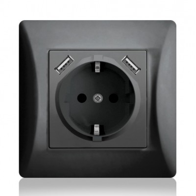 Πρίζα Σούκο με 2 θύρες USB Μαύρο 16A Lineme H-Series 50-00133-2